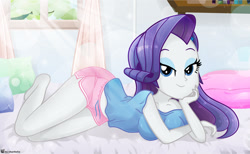 Size: 962x592 | Tagged: safe, artist:charliexe, rarity, equestria girls, adorasexy, beautiful, beautisexy, bed, bedroom eyes, breasts, clothes, cute, female, looking at you, lovely, pajamas, raribetes, sexy, smiling, solo