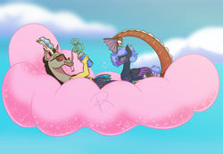 Size: 3250x2250 | Tagged: safe, alternate version, artist:squirtlesuniverse, discord, oc, oc:moon drop, draconequus, pegasus, pony, g4, bendy straw, cloud, drinking straw, duo, female, high res, male, mare, on a cloud, outdoors, pegasus oc, relaxing, sunglasses