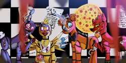 Size: 1300x650 | Tagged: safe, artist:squirtlesuniverse, pony, robot, robot pony, unicorn, animatronic, blood, bonnie (fnaf), bowtie, chica, crossover, five nights at freddy's, food, foxy, freddy fazbear, glowing horn, horn, indoors, magic, pizza, ponified, smiling, telekinesis