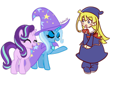 Size: 2400x1676 | Tagged: safe, artist:chelseawest, starlight glimmer, trixie, pony, unicorn, g4, ^^, blush sticker, blushing, crossover, eyes closed, female, mare, puyo puyo, simple background, transparent background, witch (puyo puyo)