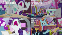 Size: 1280x720 | Tagged: safe, edit, edited screencap, editor:quoterific, screencap, rarity, sassy saddles, sweetie belle, pony, unicorn, forever filly, g4, crying, female, magic, mare, marshmelodrama, nose in the air, open mouth, rarity being rarity, sad, telekinesis, volumetric mouth