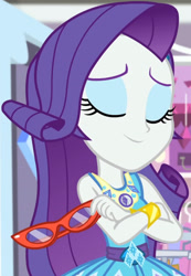 Size: 1920x2778 | Tagged: safe, screencap, rarity, costume conundrum, equestria girls, equestria girls series, g4, spoiler:eqg series (season 2), bracelet, clothes, costume conundrum: rarity, cropped, crossed arms, cutie mark, cutie mark on clothes, eyes closed, female, geode of shielding, glasses, jewelry, magical geodes, rarity peplum dress, rarity's bedroom, rarity's bedroom (equestria girls), rarity's glasses, smiling, solo