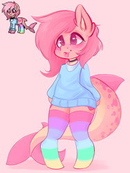 Size: 750x1000 | Tagged: safe, artist:valeria_fills, oc, oc only, original species, pony, shark, shark pony, semi-anthro, pony town, :p, arm hooves, blushing, clothes, digital art, female, mare, shark pony oc, shark tail, simple background, solo, stockings, sweater, tail, thigh highs, tongue out