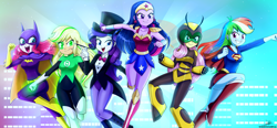 Size: 4200x1950 | Tagged: safe, artist:the-butch-x, applejack, fluttershy, pinkie pie, rainbow dash, rarity, twilight sparkle, equestria girls, >:), >:d, animal costume, barbara gordon, batgirl, beautiful, beautiful x, bee costume, belt, boots, bowtie, breasts, bumblebee (dc), cape, clothes, commission, costume, crossover, cute, dashabetes, dc comics, dc superhero girls, diapinkes, donna troy, dress shirt, evil grin, female, flutterbee, gloves, green lantern, grin, hat, heroine, high res, humane five, humane six, jackabetes, jessica cruz, legs, magic wand, magician, magician outfit, magician rarity, mask, miniskirt, open mouth, pantyhose, raribetes, shirt, shoes, shyabetes, skirt, smiling, suit, supergirl, superhero, tailcoat, thighs, top hat, tuxedo, twiabetes, wall of tags, wand, wonder woman, zatanna