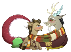 Size: 1280x937 | Tagged: safe, artist:primrosepaper, discord, doctor whooves, time turner, draconequus, earth pony, pony, g4, blushing, clothes, crack shipping, facial hair, fourth doctor's scarf, gay, goatee, male, scarf, shared clothing, shared scarf, shipping, simple background, striped scarf, transparent background, whoovescord