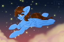Size: 3000x2000 | Tagged: safe, artist:etoz, oc, oc only, oc:pegasusgamer, pegasus, pony, cloud, commission, happy, high res, in the sky, male, pegasus oc, sky, smiling, solo, stallion, starry eyes, stars, wingding eyes, wings