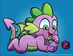 Size: 600x460 | Tagged: safe, artist:marybellamy, spike, dragon, g4, blue background, commission, cute, d20, dice, happy, lying down, lying on the floor, male, obtrusive watermark, open mouth, simple background, smiling, spikabetes, watermark, winged spike, wings