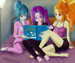 Size: 1400x1177 | Tagged: safe, artist:kuya64, adagio dazzle, aria blaze, sonata dusk, human, equestria girls, g4, bare shoulders, barefoot, bed, blushing, book, breasts, cleavage, clothes, dr. seuss, feet, nail polish, pajamas, pigtails, ponytail, reading, shorts, sleeveless, tank top, the dazzlings, toenail polish, twintails, varying degrees of amusement, varying degrees of want