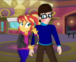 Size: 2676x2183 | Tagged: safe, artist:brandonthebronypony, sunset shimmer, oc, oc:brandon, human, equestria girls, g4, my little pony equestria girls: better together, canon x oc, clothes, cute, date, duo, duo male and female, female, glasses, high res, hoodie, jacket, jeans, leather jacket, male, movies, on a date, pants, ponytail, self insert, shimmerbetes, sunset, sweater, turtleneck