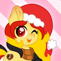 Size: 1250x1250 | Tagged: safe, artist:ninnydraws, oc, oc only, oc:chocolate sweets, pony, belgium, christmas, clothes, happy, hat, holiday, multicolored mane, nation ponies, one eye closed, open mouth, ponified, red eyes, red nosed, santa hat, scarf, simple background, smiling, solo, wink, yellow coat