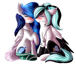 Size: 2646x2267 | Tagged: safe, artist:mediasmile666, oc, oc only, pegasus, pony, blushing, clothes, duo, eyes closed, female, high res, jewelry, mare, pendant, raised hoof, simple background, sitting, socks, striped socks, transparent background, two toned wings, wings