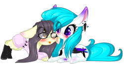 Size: 3000x1556 | Tagged: safe, artist:mediasmile666, oc, oc only, earth pony, pegasus, pony, :p, bandage, blushing, duo, ear piercing, earring, female, glasses, jewelry, mare, piercing, simple background, tongue out, transparent background, two toned wings, wings
