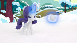 Size: 1920x1080 | Tagged: safe, screencap, rarity, pony, unicorn, g4.5, my little pony: stop motion short, snowball fight (short), female, glowing horn, horn, magic, magic aura, snow, snowball, solo, stop motion