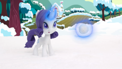 Size: 1920x1080 | Tagged: safe, screencap, rarity, pony, unicorn, g4, g4.5, my little pony: stop motion short, snowball fight (short), :o, female, glowing horn, horn, magic, magic aura, open mouth, shocked, snow, snowball, solo, stop motion