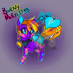 Size: 900x900 | Tagged: safe, artist:lavvythejackalope, oc, oc only, oc:burnt mceyestab, monster pony, original species, piranha plant pony, plant pony, pony, augmented tail, base used, black sclera, body markings, bow, braid, colored hooves, cyan eyes, donut steel, drool, facial markings, fangs, flower, hair bow, hoof fluff, leaf, looking back, neckerchief, plant, raised hoof, smiling, vine