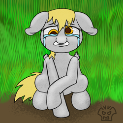 Size: 5000x5000 | Tagged: safe, artist:a-jaller, derpy hooves, pegasus, pony, g4, abuse, crying, derpybuse, eyebrows, floppy ears, looking at you, pain, signature, tears of pain, weird nose, wing amputee, wingless