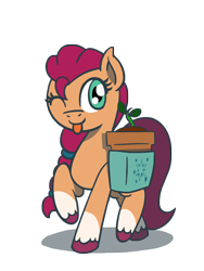 Size: 1350x1800 | Tagged: safe, artist:flutterluv, sunny starscout, earth pony, pony, g5, bag, cute, earth(pony) day, female, mare, one eye closed, plant, potted plant, saddle bag, simple background, solo, sunnybetes, tongue out, transparent background, wink