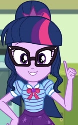 Size: 1920x3075 | Tagged: safe, screencap, sci-twi, twilight sparkle, equestria girls, equestria girls series, g4, holidays unwrapped, o come all ye squashful, spoiler:eqg series (season 2), bowtie, clothes, cropped, cute, female, geode of telekinesis, glasses, hallway, jewelry, lockers, magical geodes, necklace, polo shirt, ponytail, sci-twiabetes, skirt, smiling, solo, twiabetes