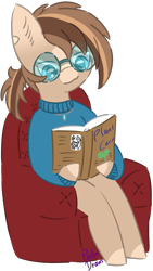 Size: 1065x1893 | Tagged: safe, artist:pasteldraws, earth pony, pony, book, clothes, glasses, redesign, simple background, sitting, solo, sweater, transparent background