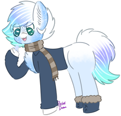 Size: 1706x1636 | Tagged: safe, artist:pasteldraws, pony, boots, clothes, jacket, redesign, scarf, shoes, simple background, snow, snowflake, solo, transparent background