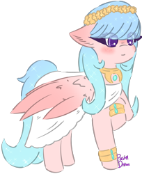 Size: 1372x1680 | Tagged: safe, artist:pasteldraws, pegasus, pony, accessory, blushing, clothes, cute, dress, flower, redesign, regal, simple background, solo, sparkles, transparent background