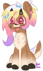 Size: 852x1411 | Tagged: safe, artist:pasteldraws, deer, pony, candy, fluffy, food, freckles, redesign, simple background, sitting, solo, sweets, transparent background