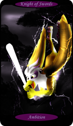 Size: 1500x2591 | Tagged: safe, artist:sixes&sevens, part of a set, gilda, griffon, g4, baseball bat, cloud, electricity, female, flying, grin, knight of swords, lightning, minor arcana, smiling, solo, storm, tarot card