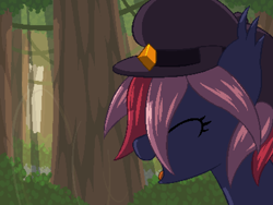 Size: 800x600 | Tagged: safe, artist:rangelost, oc, oc only, oc:moonflower, bat pony, pony, cyoa:d20 pony, bat pony oc, bust, cap, eyes closed, female, forest, hat, mare, outdoors, pixel art, profile, solo, tree