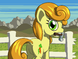 Size: 800x600 | Tagged: safe, artist:rangelost, carrot top, golden harvest, earth pony, pony, cyoa:d20 pony, g4, butt, cloud, dock, female, fence, goldenbutt, grass, hammer, hill, looking at you, looking back, looking back at you, mare, mouth hold, pixel art, plot, rear view, sky, solo