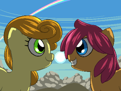 Size: 800x600 | Tagged: safe, artist:rangelost, carrot top, golden harvest, oc, oc:trailblazer, earth pony, pony, cyoa:d20 pony, g4, backlighting, bust, cloud, duo, female, hill, looking at each other, mare, pixel art, rainbow, sky, smiling, sun