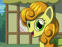 Size: 800x600 | Tagged: safe, artist:rangelost, carrot top, golden harvest, earth pony, pony, cyoa:d20 pony, g4, bag, bust, female, house, looking at you, mare, open mouth, outdoors, pixel art, ponyville, saddle bag, smiling, solo, talking to viewer