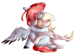 Size: 2914x2058 | Tagged: safe, artist:mediasmile666, oc, oc only, pegasus, pony, blushing, colored hooves, duo, female, floppy ears, high res, mare, spread wings, translation, wings
