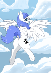 Size: 3508x4961 | Tagged: safe, alternate version, artist:wbp, oc, oc only, oc:snow pup, pegasus, pony, butt, cloud, collar, commission, female, frog (hoof), looking back, mare, paw prints, pegasus oc, plot, raised tail, simple background, solo, spread wings, tail, underhoof, wings