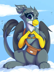 Size: 1500x2000 | Tagged: safe, artist:shadowreindeer, gabby, griffon, g4, accessory, chest fluff, cloud, cute, female, fluffy, gabbybetes, heart hands, looking at you, mailbag, one eye closed, sitting, wink, winking at you