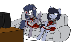 Size: 1920x1080 | Tagged: safe, artist:pandan009, oc, oc only, oc:haisuu gaku, oc:yasei urami, earth pony, pegasus, pony, angry, clothes, controller, couch, duo, game, shirt, simple background, skirt, smug, super nintendo, television
