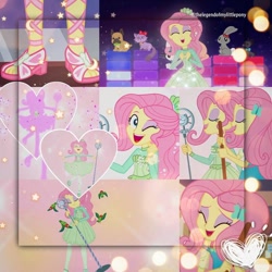 Size: 1080x1080 | Tagged: safe, edit, edited screencap, editor:thelegendofmylittlepony, screencap, angel bunny, fluttershy, bird, cat, dog, rabbit, equestria girls, equestria girls series, so much more to me, animal, broom, clothes, cute, cutie mark, cutie mark on clothes, female, geode of fauna, hairpin, jewelry, magical geodes, male, microphone, microphone stand, necklace, one eye closed, open mouth, sandals, shyabetes, singing, smiling, wink