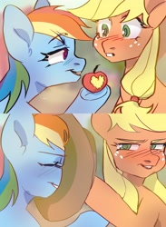 Size: 3000x4096 | Tagged: safe, artist:kencee6, applejack, rainbow dash, earth pony, pegasus, pony, g4, 2 panel comic, apple, bite mark, bitten apple, blushing, comic, covering face, duo, female, food, hat, hat over eyes, heart, heart shaped, lesbian, looking at each other, ship:appledash, shipping, smiling, tsundere