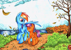 Size: 6952x4912 | Tagged: safe, artist:yellowrobin, rainbow dash, scootaloo, pegasus, pony, g4, absurd file size, absurd resolution, duo, female, filly, leaf, mare, rain, scootalove, traditional art, tree, wing umbrella, wings