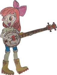 Size: 1139x1500 | Tagged: safe, artist:jebens1, artist:therandomone95, apple bloom, equestria girls, g4, apple bloom's bow, banjo, boots, bow, clothes, cropped, hair bow, jeans, musical instrument, pants, shirt, shoes, smiling