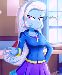 Size: 1784x2163 | Tagged: safe, artist:the-butch-x, trixie, equestria girls, g4, breasts, bulletin board, bust, busty trixie, classroom, clothes, eyebrows, female, fingers, grin, hairpin, hand, hand on hip, hoodie, long hair, palindrome get, raised eyebrow, school, school desk, skirt, smiling, smirk, smug, solo, standing, sweater, teenager, top, window, zipper