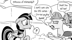 Size: 1200x675 | Tagged: safe, artist:pony-berserker, trixie, twilight sparkle, oc, oc:berzie, alicorn, changedling, changeling, pony, unicorn, pony-berserker's twitter sketches, g4, changeling kingdom, dan vs, dialogue, folded wings, halftone, horn, horse taxes, i don't care who the irs sends, inconvenient trixie, irs, monochrome, raised hoof, reference, speech bubble, tax evasion, taxes, twilight sparkle (alicorn), underhoof, wings