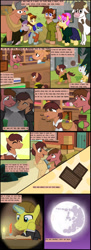 Size: 1280x3513 | Tagged: safe, artist:mr100dragon100, oc, oc only, oc:thomas the wolfpony, bull, cow, earth pony, pegasus, pony, unicorn, comic:a king's journey home, comic, gravestone, mare in the moon, moon, town
