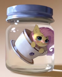 Size: 977x1213 | Tagged: safe, artist:astralblues, fluttershy, pony, g4, astralblues is trying to kill us, blushing, bottle, bottleshy, cheek fluff, cup, cup of pony, cute, dangerously cute, ear fluff, floating, gradient background, leaning, micro, pony in a bottle, shy, shyabetes, simple background, smiling, solo