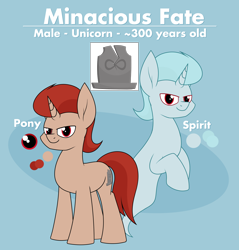 Size: 2220x2323 | Tagged: safe, artist:moonatik, oc, oc only, oc:minacious fate, ghost, ghost pony, pony, unicorn, cutie mark, high res, horn, reference sheet, semi-grimdark in the description, text, unicorn oc