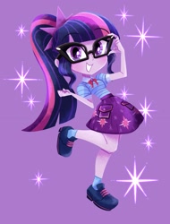 Size: 1557x2048 | Tagged: safe, artist:binco_293, sci-twi, twilight sparkle, equestria girls, g4, my little pony equestria girls: better together, beautiful, chibi, cute, female, looking at you, purple background, purple eyes, purple hair, purple skin, sci-twi skirt, simple background, smiling, solo, sparkles, twiabetes, woman