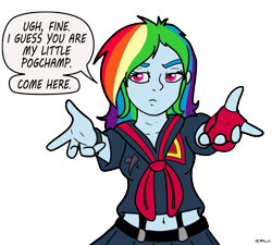 Size: 1331x1200 | Tagged: safe, artist:pretty-pretty-star, edit, rainbow dash, equestria girls, g4, anime, belly button, clothes, cosplay, costume, female, fingerless gloves, gloves, kill la kill, meme, my little pogchamp, pogchamp, reaching, senketsu, signature, simple background, skirt, solo, speech bubble, transparent background