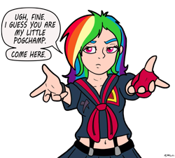 Size: 1331x1200 | Tagged: safe, artist:pretty-pretty-star, color edit, edit, rainbow dash, equestria girls, g4, anime, belly button, clothes, cosplay, costume, female, fingerless gloves, gloves, human coloration, kill la kill, light skin edit, meme, my little pogchamp, pogchamp, reaching, senketsu, signature, simple background, skin color edit, skirt, solo, speech bubble, tomboy, transparent background