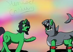 Size: 2100x1500 | Tagged: safe, artist:hemlock conium, oc, oc:anon, oc:filly anon, earth pony, pony, colored, digital art, duo, female, filly, shark swimsuit, simple background