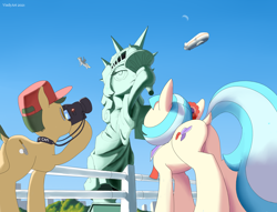 Size: 3488x2664 | Tagged: safe, artist:vinilyart, coco pommel, earth pony, pegasus, pony, g4, airship, butt, camera, cap, dock, duo focus, female, hat, hatbutt, high res, hoof hold, mare, plot, statue, statue of liberty, zeppelin