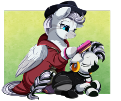 Size: 3780x3148 | Tagged: safe, artist:pridark, oc, oc only, oc:crystal eclair, oc:xian, pegasus, pony, zebra, zebrasus, fallout equestria, fallout equestria: influx, brush, clothes, fanfic art, female, hairbrush, high res, mother and child, mother and daughter